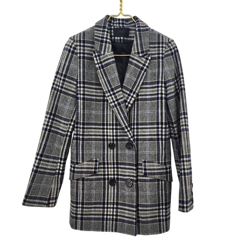Ikks‎ Women's Plaid Double-Breasted Blazer Wool Size XS Oversized